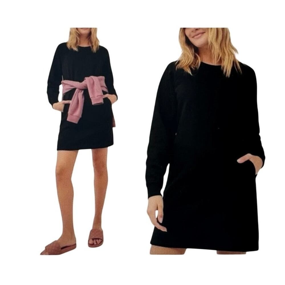 PACT Courtside Black Sweatshirt Dress Size XS Pockets Long Sleeve Cotton Organic